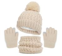 Kinder Strickmütze + Loop Schal + Handschuhe Set Winter Kindermütze Wintermütze Jungen Mädchen Warme gefüttert Strickmütze mit Pompon Kleinkind Bommelmütze für Herbst Winter