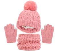 Kinder Strickmütze + Loop Schal + Handschuhe Set Winter Kindermütze Wintermütze Jungen Mädchen Warme gefüttert Strickmütze mit Pompon Kleinkind Bommelmütze für Herbst Winter