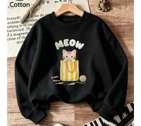 Kinder-Sweatshirt mit Rundhalsausschnitt, süßer Cartoon-Pullover mit "Meow"-Katze in Einkaufstasche, weiches Baumwoll-Langarmshirt