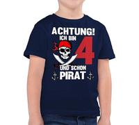 Kinder T-Shirt Jungen - 4. - Achtung Ich Bin 4 und Schon Pirat | Piraten Geburtstag 4 Jahre - 116 (5/6 Jahre) - Dunkelblau - Shirt mit zum geburtstagsshirt Vier Tshirt Kleidung Junge 4.Geburtstag t