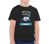Kinder T-Shirt Jungen - 4. Geburtstag - Ich Bin 4 Polizei TatüTata ich werde 4 Polizeiauto - 104 (3/4 Jahre) - Schwarz - Tshirt Jahre 4.Geburtstag Kinder-Shirt Junge Geburtstags Name Shirt