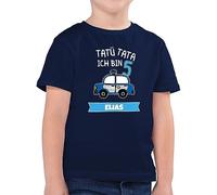Kinder T-Shirt Jungen - 5. Geburtstag - Ich Bin 5 Polizei TatüTata ich werde 5 Polizeiauto - 128 (7/8 Jahre) - Dunkelblau - Geburtstags Jahre Junge Tshirt 5.Geburtstag Shirt jetzt Name 5-jaehrige