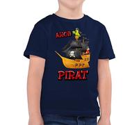 Kinder T-Shirt Jungen - AHOI Pirat | Piratenschiff | Piratenmotiv | Piratenparty | AHOI Piraten | Piraten Schatzsuche | Piratenthema - 128 (7/8 Jahre) - Dunkelblau - Tshirt Junge Shirt Pirate