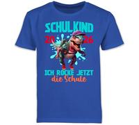 Kinder T-Shirt Jungen Schulanfang - Einschulung Junge - Schulkind 2026 Dinosaurier T-Rex Ich Rocke jetzt die Schule - 128 (7/8 Jahre) - Royalblau - schuleinführung Tshirt. Outfit 1.Schultag