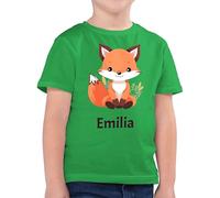 Kinder T-Shirt Jungen - Süßer Fuchs Geschenk mit Name personalisiert I Wildtiere I Raubtier I Fox - 128 (7/8 Jahre) - Grün - t Shirt füchsen Tshirt +mit+Fuchs fuchsmotiv Junge Personalisieren