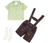 Kinder Trachtenhemd Lederhose und Socken 3-teiliges Set Trachtenset Kurz Trachtenlederhose mit Träger Kariert Kurzarm Hemd Jungen Stickerei Lederhose Baby Oktoberfest Kostüm (Green, 4-6 Years)