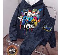 Kinder Tween Jungen Lässiges Batik Cartoon Spielkonsolen Muster Lockerer Hoodie & Jogginghose Set, Basic Top, Basic Hose, Geeignet für Herbst/Winter,
