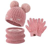 Kinder Winter Warm Pompom Beanie Mütze Schal Schlauchschal und Touchscreen Handschuhe Set mit Fleece Gefüttert für 3-10 Jahre Jungen Mädchen Wintermütze Strickmütze Winterhandschuhe, Rosa