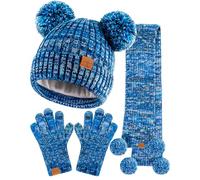 Kinder Wintermütze, Handschuhe, Schal, Set, Mädchen, Kleinkind, Kinder, Beanie mit Bommel, Halswärmer, Gamasche, Fäustlinge, Fleece-gefüttert, Blau gemischt, 2-8 Jahre