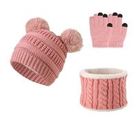 Kinder Wintermütze Schal Handschuhe 3PC Set, Warme Winter Bommel Strickmütze Beanie Weich Dicke Fleece Futter Loopschal Kinderhandschuh Set für Mädchen Jungen Kind Geschenke (Streifen Rosa)