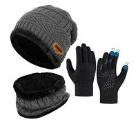 Kinder Wintermütze Schal Touchscreen Set - Beanie Strickmütze Winterschal Thermo | Fleecefutter Warme Knit Hut Loop Rutschfeste Handschuhe | für Junge Mädch 5-10 Jahre