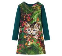 vidaXL Kinderkleid mit Langen Ärmeln Katzen Langarmkleid Kinder Kleid Dunkelgrün 128
