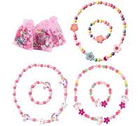 Kinderschmuck, 6Stk Holz Kinder Schmuck Set, Schmuck Mädchen Halskette Armband Kinder, Einhorn Armbänder Mädche, Bunte Perlen Freundschaftsarmband für Mädchen Geburtstag Party Dress Up Kostüm Zubehör