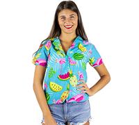 King Funky Hawaiibluse Hawaiihemd, Kurzarm, Flamingos Melonen,3XL - Brustbreite: 73 cm | Länge 83 cm,Türkis