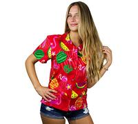King Kameha Funky Hawaii-Bluse, Damen, Kurzarm, Flamingo-Melon, Rot, L