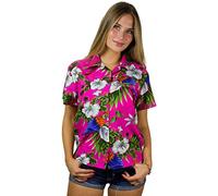 King Kameha Funky Hawaii-Bluse-Hemd, Damen, Kurzarm, Cherry-Parrot, Pink, XXL