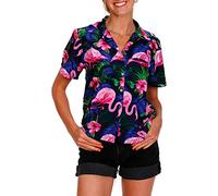 King Kameha Funky Hawaii-Bluse-Hemd, Damen, Kurzarm, Flamingo-Flowers, Navy-Pink, S