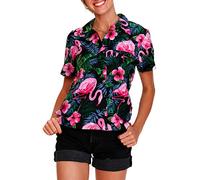 King Kameha Funky Hawaii-Bluse-Hemd, Damen, Kurzarm, Flamingo-Flowers, Schwarz-Pink, XL