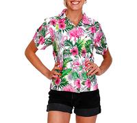 King Kameha Funky Hawaii-Bluse-Hemd, Damen, Kurzarm, Flamingo-Flowers, Weiß-Pink, XXL