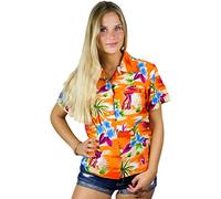 King Kameha Funky Hawaii-Bluse-Hemd, Damen, Kurzarm, Flamingos, Orange, 3XL
