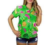 King Kameha Funky Hawaii-Bluse-Hemd, Damen, Kurzarm, JK-Flamingo-Melon-Print, Grün, L