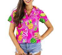 King Kameha Funky Hawaii-Bluse-Hemd, Damen, Kurzarm, JK-Flamingo-Melon-Print, Pink, L