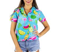 King Kameha Funky Hawaii-Bluse-Hemd, Damen, Kurzarm, JK-Flamingo-Melon-Print, Türkis, S