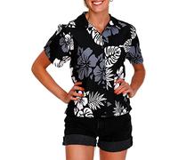King Kameha Funky-Hawaii-Bluse-Hemd, Damen, Kurzarm, Mono-Hibiscus, Schwarz-Weiß, L