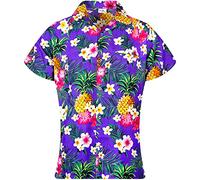 King Kameha Funky Hawaii-Bluse-Hemd, Damen, Kurzarm, Pineapple-Flowers, Violett, XL