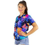 King Kameha Funky-Hawaii-Bluse-Hemd, Damen, Kurzarm, Pineapple, Schwarz-Blau, 3XL