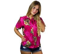 King Kameha Funky-Hawaii-Bluse-Hemd, Damen, Kurzarm, Small-Flower, Magenta, XL