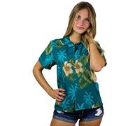 King Kameha Funky-Hawaii-Bluse-Hemd, Damen, Kurzarm, Small-Flower, Petrol-Grün, XXL