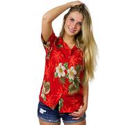 King Kameha Funky-Hawaii-Bluse-Hemd, Damen, Kurzarm, Small-Flower, Rot, L