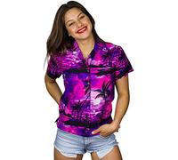 King Kameha Funky-Hawaii-Bluse-Hemd, Damen, Kurzarm, Surf, Pink-Violett, M