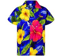 King Kameha Funky Hawaii-Hemd, Herren, Kurzarm, Big-Flower, Dunkel-Blau, 3XL