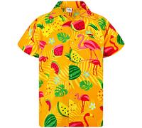King Kameha Funky Hawaii-Hemd, Herren, Kurzarm, Flamingo-Melon, Gelb, XXL