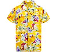 King Kameha Funky Hawaii-Hemd, Herren, Kurzarm, Flamingos, Gelb, L