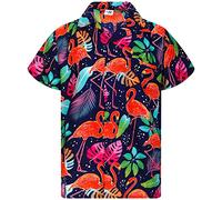 King Kameha Funky Hawaii-Hemd, Herren, Kurzarm, Funky-Flamingos, Navy-Blau, M