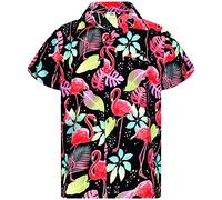 King Kameha Funky Hawaii-Hemd, Herren, Kurzarm, Funky-Flamingos, Schwarz, XL