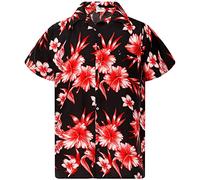 King Kameha Funky Hawaii-Hemd, Herren, Kurzarm, Mono-Flowers, Schwarz-Rot, 4XL