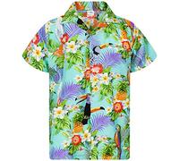 King Kameha Funky Hawaii-Hemd, Herren, Kurzarm, Parrot-Cockatoo, Hell-Blau, XXL