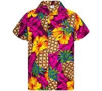 King Kameha Funky Hawaii-Hemd, Herren, Kurzarm, Pineapple-Hibiscus, Magenta-Pink, XL
