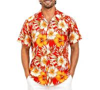 King Kameha Funky Hawaii-Hemd, Herren, Kurzarm, Tropical-Hibiscus, Rot-Gelb, XXL