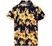 King Kameha Funky Hawaii Hemd Männer - Komfortables Hawaiihemd Herren Kurzarm, Mono-Flowers, Navyblau-Gelb, 5XL