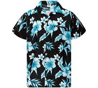 King Kameha Funky Hawaii Hemd Männer - Komfortables Hawaiihemd Herren Kurzarm, Mono-Flowers, Schwarz-Türkis, S