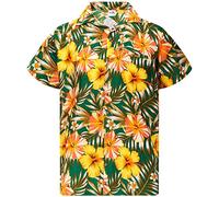 King Kameha Funky Hawaii Hemd Männer - Komfortables Hawaiihemd Herren Kurzarm, Tropical-Hibiscus, Grün-Gelb, M