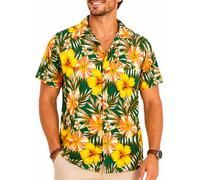 King Kameha Funky Hawaii Hemd Männer - Komfortables Hawaiihemd Herren Kurzarm, Tropical-Hibiscus, Grün-Gelb, 3XL