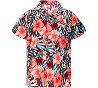King Kameha Funky Hawaii Hemd Männer - Komfortables Hawaiihemd Herren Kurzarm, Tropical-Hibiscus, Maroonrot-Grün, XL