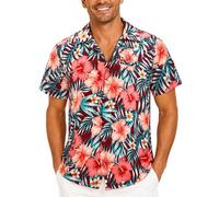 King Kameha Funky Hawaii Hemd Männer - Komfortables Hawaiihemd Herren Kurzarm, Tropical-Hibiscus, Maroonrot-Grün, 4XL