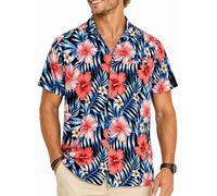 King Kameha Funky Hawaii Hemd Männer - Komfortables Hawaiihemd Herren Kurzarm, Tropical-Hibiscus, Schwarz-Blau, 4XL